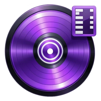 pixelated music disc with a purple label sticker