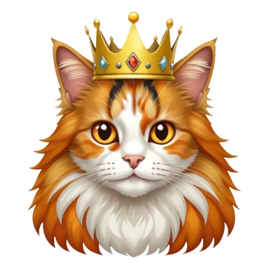 calico maine coon cat with orange, black and white patches wearing a golden crown sticker