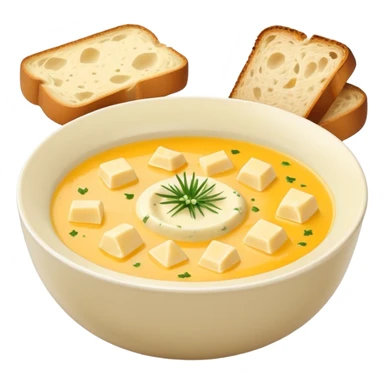 cheese soup with garlic, and cubes of dry dark bread in bowl sticker