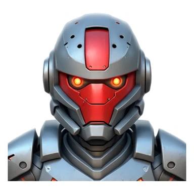 futuristic war robot portrait, head and shoulders only, aggressive design, sharp armor edges, glowing red eyes, battle-damaged helmet faceplate, heavy armor collar, intense dramatic lighting, sci-fi metal textures, 3D cartoon, mobile game icon style, clean background, no text, no watermark
 sticker