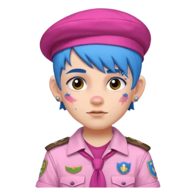 scout boy with very pink scout uniform, blue haired and hat, heavy face attoed sticker