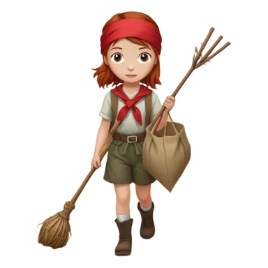 Bindle being carried by a young girl with red/auburn hair and the bindle is a long stick with a red bandana and she is walking on a dirt road sticker