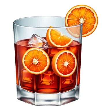 A short glass with bright red Negroni, ice cubes, and an orange wedge on top. sticker