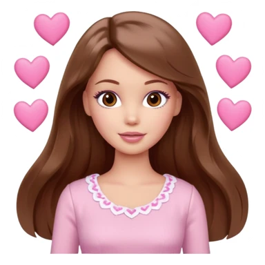 Barbie girl brown long straight wavy hair and brown eyes is In pale pink clothes There are pink hearts all around sticker