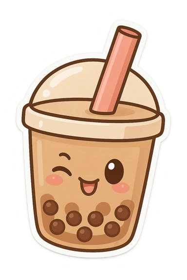 chibi sticker-style bubble tea with a winking face, cute and exaggerated sticker