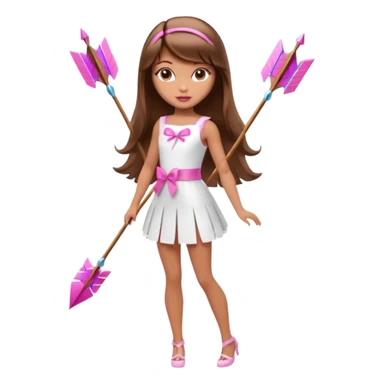 Hada sexy cupido pequeña  de cabello largo lacio castaño con flequillo y ojos cafés  vestida con algo sensual corto color blanco o rojo arco delgado con un color que combinen   y flechas  igual delgadas  que combinen y labios rosas tipo Barbie pero en hada cupido de cuerpo completo ojos sexys  sticker