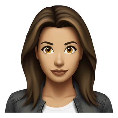 3/4 face, contrasted, shadow, light, Eva Longoria expression, standing from a distance, thin nose, brunette woman, hazel eyes, long eyelashes, dark shoulder shaded hair, white t-shirt, jeans, white sneakers sticker