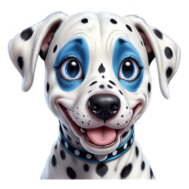Cinematic Comical Harlequin Dalmatian Portrait Emoji, Head tilted dramatically with an exaggeratedly shocked or amused expression, featuring a striking Fur of predominantly white with vivid black patches, wide, expressive blue eyes filled with playful disbelief, Simplified yet hilariously expressive features, highly detailed, glowing with a slightly sassy glow, high shine, dramatic yet playful, stylized with an air of cheeky charm, bright and endearing, soft glowing outline, capturing the essence of a spirited and over-the-top guardian, so meme-worthy it feels like it could side-eye its way into internet fame instantly! sticker