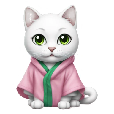 A white cat with big black spots and green eyes in a pink robe sticker