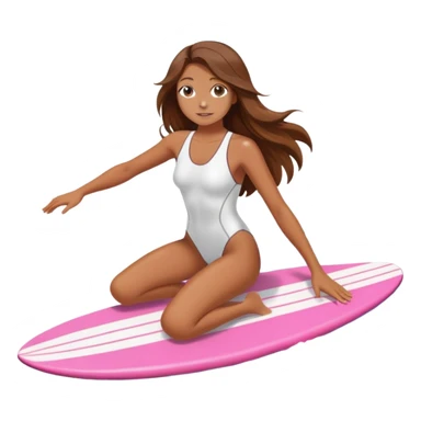 Girl with long brown hair surfing at pink short board in the white swimsuit  sticker