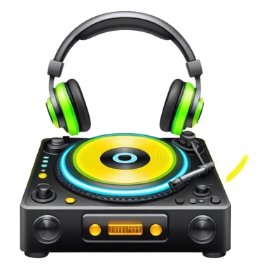 Create a dynamic and modern emoji that represents electronic music and DJing. The design should feature a turntable, DJ headphones, and glowing sound waves or a waveform, symbolizing the energy of mixing and electronic beats. Incorporate vibrant neon colors (e.g., electric blue, neon pink, or green) to represent the futuristic and pulsating nature of electronic music. The background should be transparent, with subtle details of flashing lights or abstract patterns to evoke the nightclub or festival atmosphere. sticker
