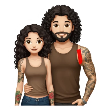 a pretty bratz fair girl with black long curly hair in a brown tank top with tattoos standing with a handsome tattooed tall guy sticker