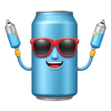 A soda can with a light blue color, with legs, arms, and a face. It can be seen wearing sunglasses sticker
