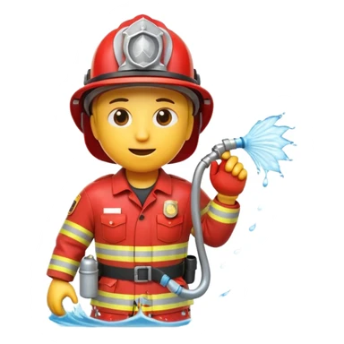 A 3D Apple-style yellow emoji character dressed as a firefighter in a bright red uniform and helmet, holding a fire hose spraying water forward, determined expression with cartoonish eyes, water splashing effect, clean minimal background sticker