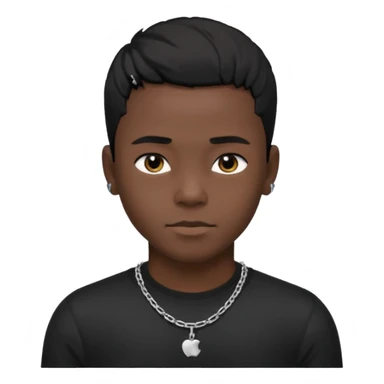 Generate a emoji of a black boy with dark skin, wearing a black compressed T-shirt, with short 4C black hair and make him wearing a silver chain, and make the chain thin sticker