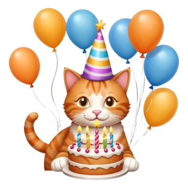 Ginger cat celebrates birthday, birthday hat, birthday cake, balloons, happy sticker