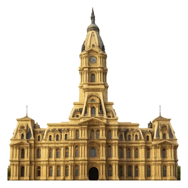 cinematic, realistic emoji of Philadelphia City Hall, straight-on perspective, featuring majestic, ornate architecture, lifelike detail, bright regal lighting as on a sunny day, accurate building colors sticker