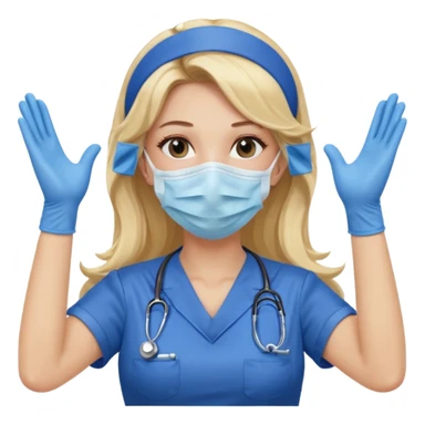 enfermera rubia con pelo largo sin balaca en el pelo, con mascarilla y guantes azules las dos manos arriba sticker