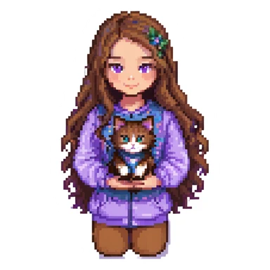 girl with long wavy brown hair and brown eyes wearing purple clothes holding a three-color cat pixel art sticker