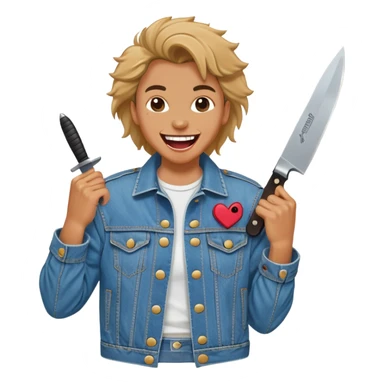 savage person wearing 80s 1988 outfit, denim jacket with shoulder pads, holding a knife, laughing maniacally sticker