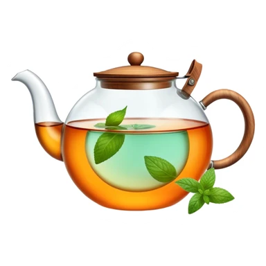 Cinematic realistic emoji depicting a transparent teapot with a realistic wooden lid and glass handle, filled with tea and floating pieces of orange and one mint leaf, rich texture, without unnecessary decoration sticker