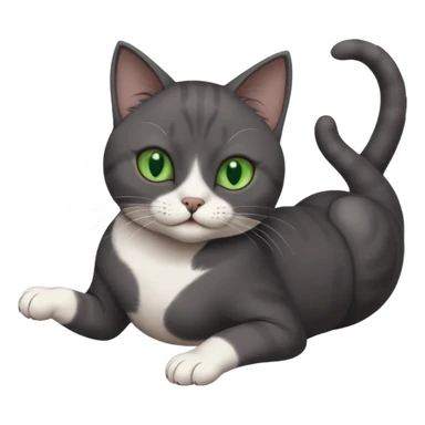 dark grey cat with green eyes, white toes/paws and white patch on her chest playfully rolling upside down sticker