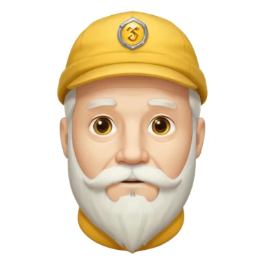older man with long white beard and cap with yellow 'M', focus on face and beard, Apple-style emoji sticker