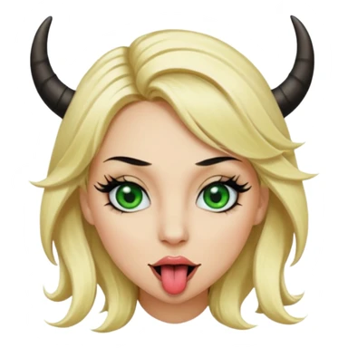 Emoji femme blonde cheveux blond, yeux vert avec de long cils noir qui tire la langue et à des cornes  sticker