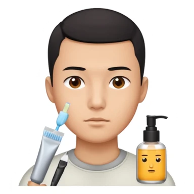 try different skincare products for chinese man with buzz cut (short black hair) doing skincare sticker