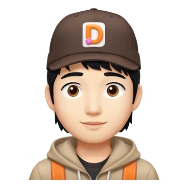 an asian dunkin donut worker with semi long hair black to his shoulders wearing the DUNKIN hat sticker
