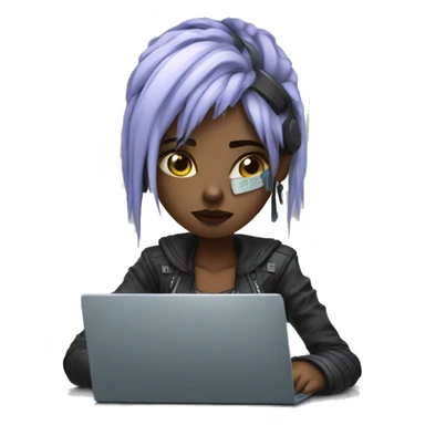Sad cyberpunk girl working it office with laptop sticker