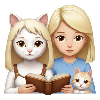 Un gato blanco con manchas atigradas leyendo un libro junto a una chica rubia de ojos marrones sticker