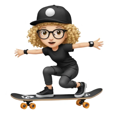 ["An excited girl with light skin, curly hair, wearing a baseball cap and square glasses, dressed in goth fashion, is skateboarding while holding a camera."] sticker