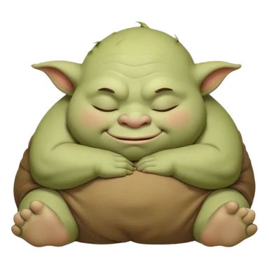 Meme-Worthy Cute Sleeping Ogre Portrait Emoji, with a surprisingly endearing, plump figure in soft earthy greens and browns, head drooping gently with closed, relaxed eyes and a content, sleepy grin, simplified yet adorably detailed, glowing with a soft warm outline that captures the peaceful slumber of a friendly ogre after a day of gentle mischief! sticker