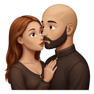 Couple. Bald man with dark brown-black beard. White woman with many small, faded freckles, she has white skin and she has auburn-brown-cinnamon, dark long hair. She has light brown eyes. The man have hazel eyes. She have light eyes. Retro style. She kisses him. Dark akademia. sticker