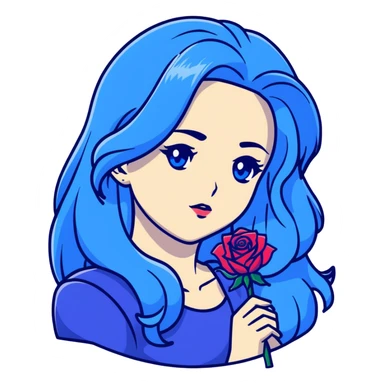 head portrait of anime girl with long dark blue hair, blue rose in hair, blue eyes, JoJo's Bizarre Adventure art style, dramatic look, head only sticker
