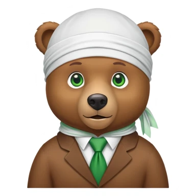 Cool brown bear with confident expression and green eyes wearing a crisp white durag with the ties showing, iOS emoji style sticker