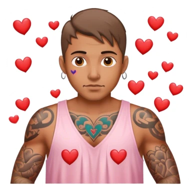 Man with tattoos in a nightgown surrounded by hearts sticker