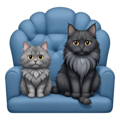 A large black smoke Maine Coon cat with long grey ear tufts and a fluffy grey ruff, sitting next to a chubby British Shorthair cat in blue color with plush fur, both sitting comfortably on a sofa. Beautiful room background with flowers and soft lighting. Transparent background. sticker