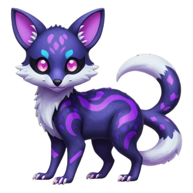 Obsidian-onyx-black fur base coat with glowing-neon-purple markings and patterns, shiny blind eyes, magical fantasy-Genet-Absol-Marsupial-Possum-Vernid-Sergal-Fakémon-hybrid, by LiLaiRa-griffsnuff, full body sticker