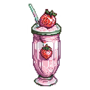 pixel art strawberry milkshake with pink hue and cherry on top, tall glass, striped straw, retro diner style sticker
