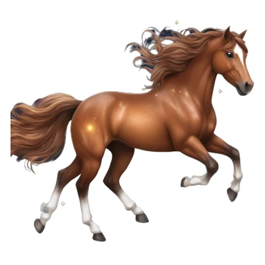 Ethereal glittering iridescent rich chestnut brown brindle horse galloping through constellations and nebulas, unicorn Pegasus sticker