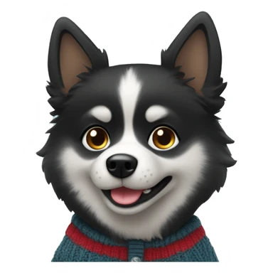 Black pomsky wearing a cardigan sticker