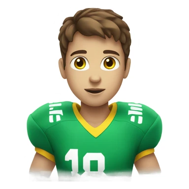 boy with brown hair and blue eyes. wearing a green and yellow shirt. holding a football  sticker