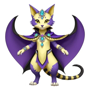 Kawaii cute Violet Yellow Black beautiful pretty elegant divine edgy feline-vernid-sergal-Fakémon-Pokémon-Digimon-fursona-animal-creature, full body, with intricate detailed markings, Embroidered capelet, Gem-studded horn ring sticker