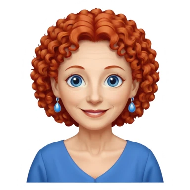 una profesora mayor simpática con el pelo rojo rizado, ojos azules, vestido azul y pendientes azules hablando altura completa sonriendo sticker