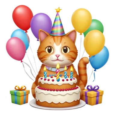 Ginger cat celebrates birthday, birthday hat, birthday cake, balloons, happy, gifts sticker