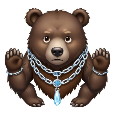 Intimidating dark brown bear on four legs with heavy ice chain around neck, frozen chain links with icicles, serious expression sticker