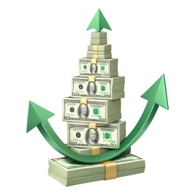 upward trending arrow beside three stacks of bundled dollar bills in ascending height sticker