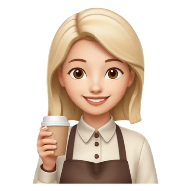 female barista portrait, head and shoulders only, wearing coffee shop apron collar, holding a takeaway cup near face, warm friendly smile, cozy cafe vibe, 3D cartoon, mobile game icon style, clean background, no text, no watermark
 sticker